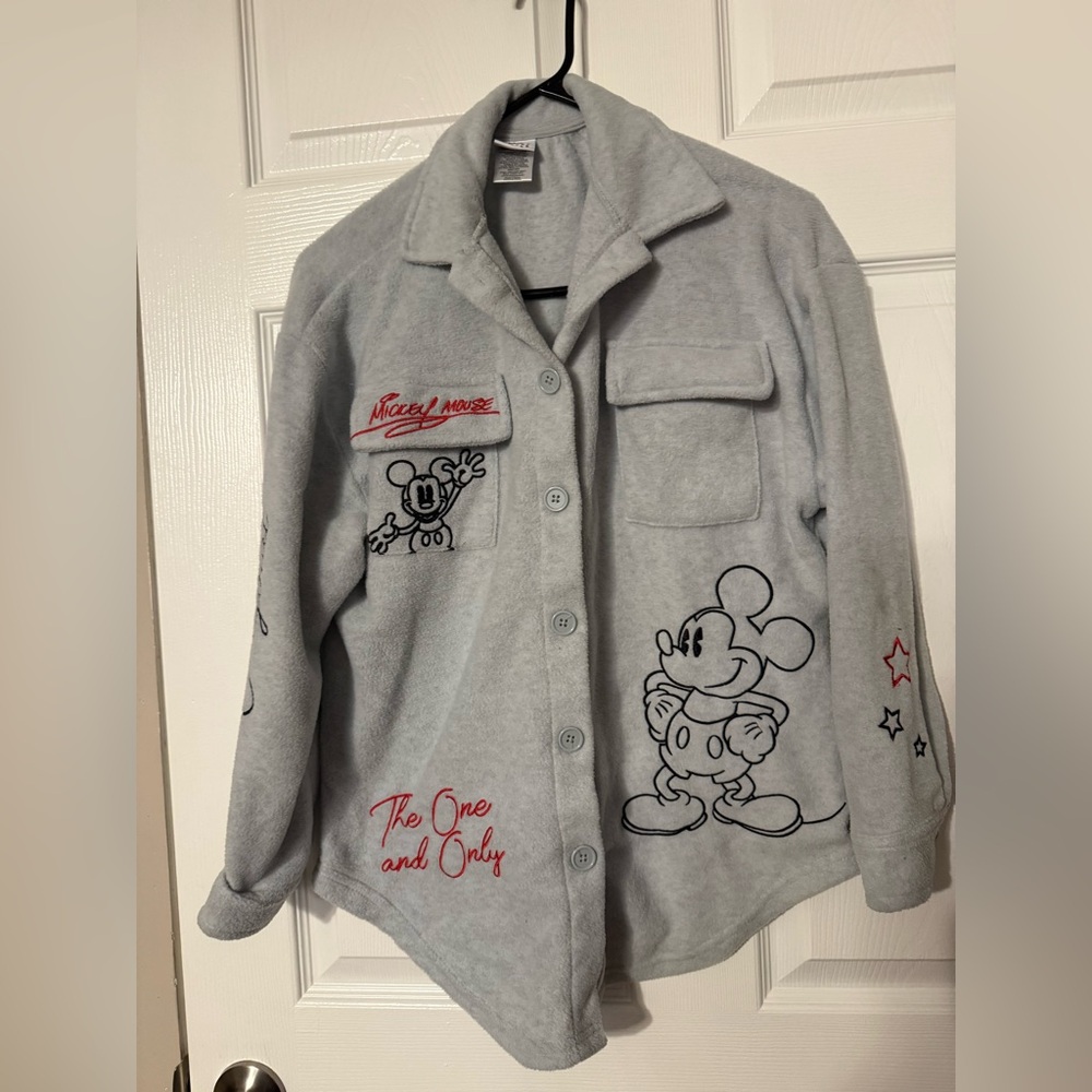 Mickey Mouse Fleece Shacket Buttoned Jacket Embroidered Heather Gray Women S